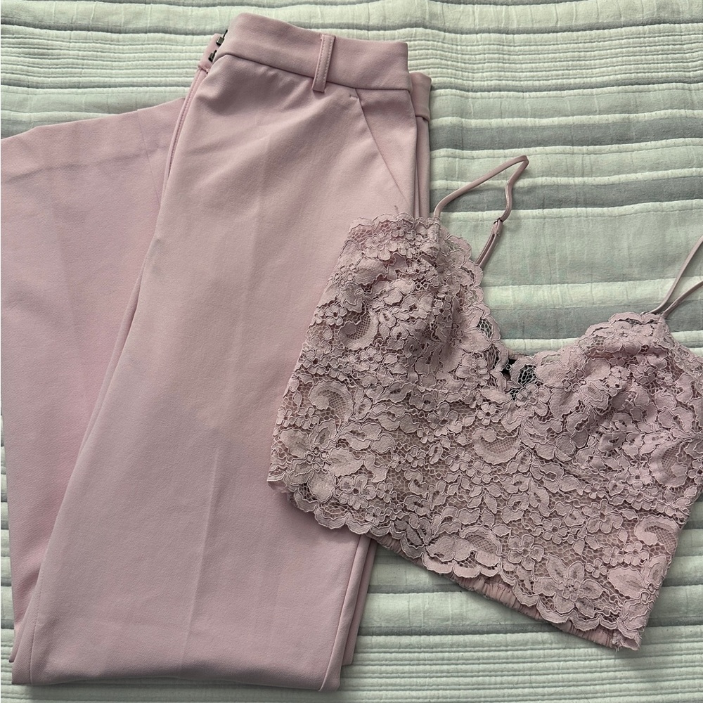 Express Light Pink Pant Suit Bottoms and Matching Lace Tank Top (S)
